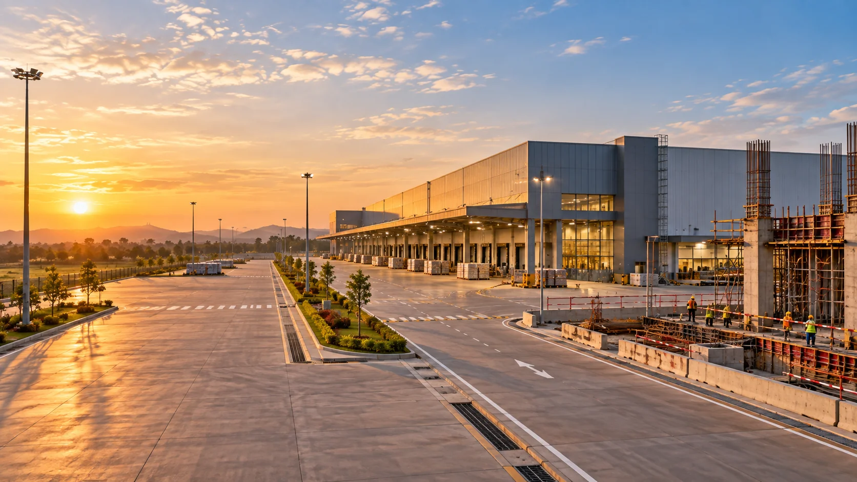 Industrial logistics yard with paved roads, drainage and civil construction at sunset