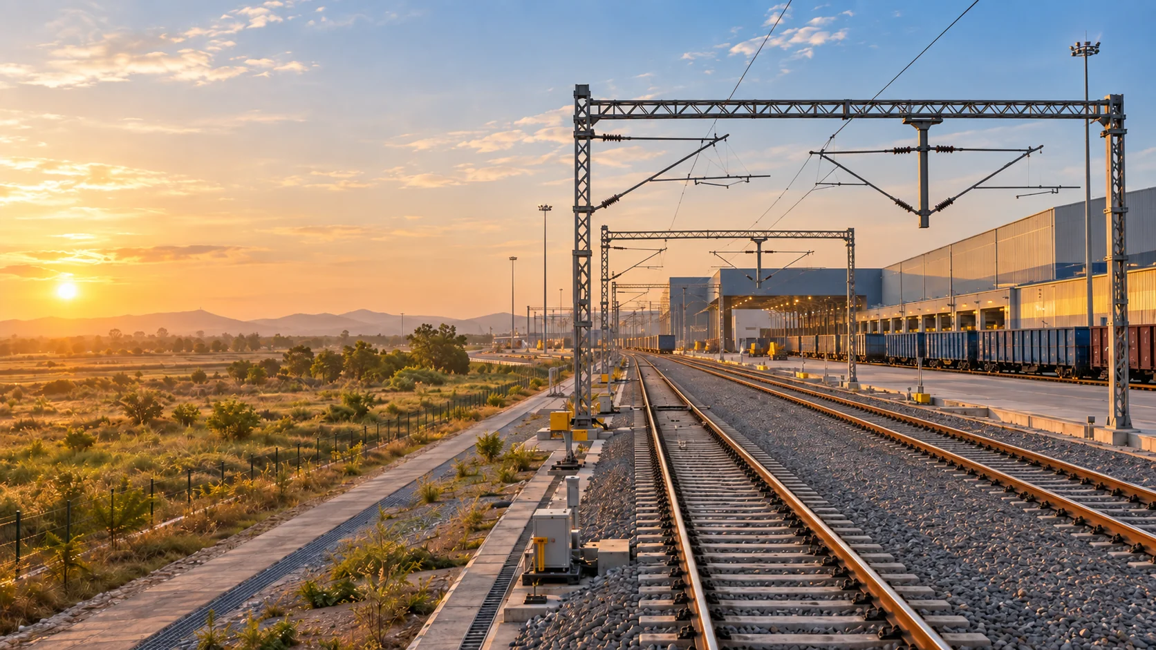 Electrified railway tracks leading to an industrial freight terminal at sunset