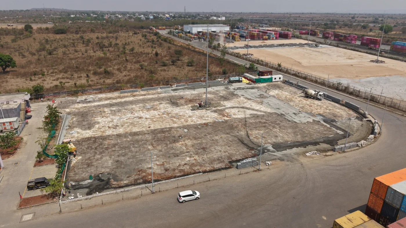 Aerial view of a paved yard under construction at the Nagpur ICD