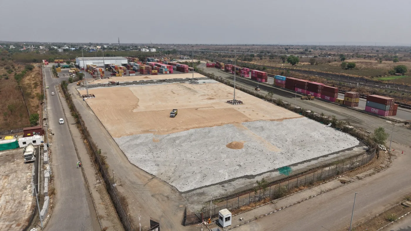 Aerial view of yard paving nearing completion at the Nagpur ICD